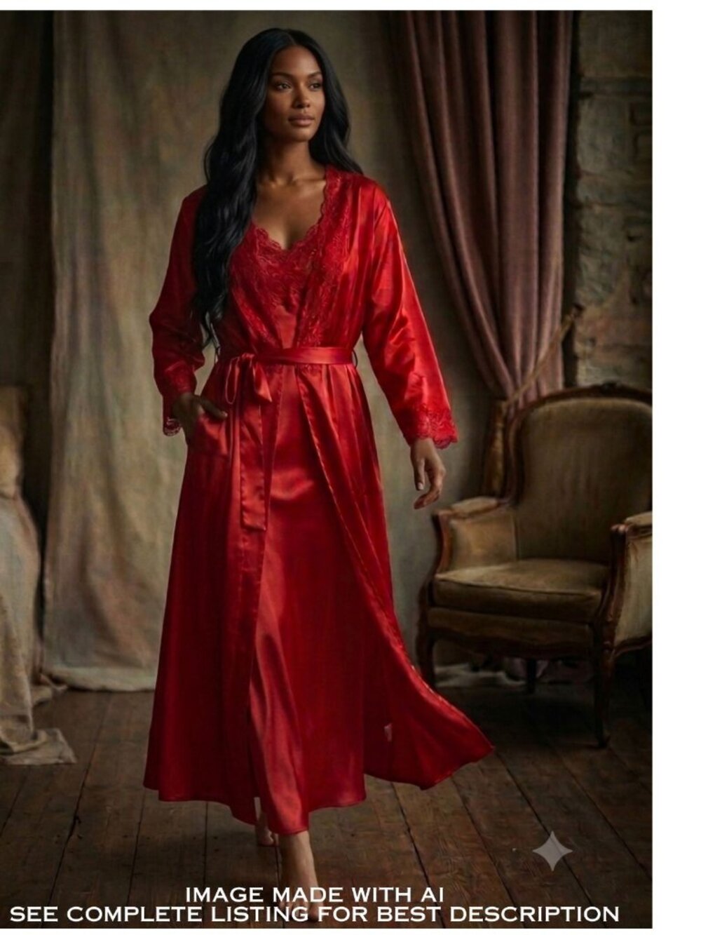VTG Amoureuse Peignor Set M Oversize Maxi Robe Nightgown Pockets Crossback Siren